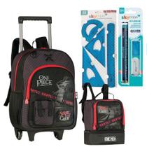 Kit One Piece Mochila Rodinha Com Lancheira Térmica Preta Vermelha e Materiais Escolar Masculino Cli Kit One Piece Mochila Rodinha Com Lancheira Térmica Preta Vermelha e Materiais Escolar Masculino Cli