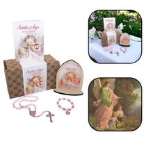 Kit Oração Infantil Santo Anjo da Guarda Menina Rosa - Terço Capela e Pulseira