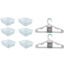 Kit organizador 10 cabide infantil 6 cestos branco rosa azul