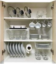 Kit Organizador Armário Cozinha Xícara Prato Cesto Aço 7 Un Branco