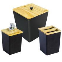 Kit Organizador Banheiro Bambu Lixeira Porta Escovas Sabonetes Pia Dispenser - Utility