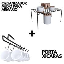 Kit Organizador De Armário Prateleira Cozinha Médio E Suporte De Xícaras