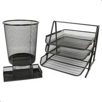 Kit Organizador de Documento Para Mesa Com Porta Caneta e Lixeira Metal 10 Litros Escritorio Home Office Papel A4
