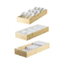 Kit Organizador de Gaveta com 01 Porta Temperos + 01 Organizador Talheres + 01 Organizador de Facas em Bambu Ou