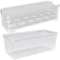 Kit Organizador de Geladeira 4,5L e Porta Ovos 12 Unidades Transparente Uz Multiuso