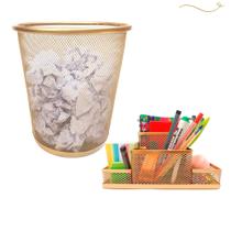 Kit Organizador de Mesa e Lixeira Dourado Escritório, Lixeira Aramada Escritório 10L Dourado Ouro, Porta Caneta Lapis Porta Treco Dourado Markys Store