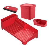 Kit Organizador de Pia Bancada Cozinha 4pcs Escorredor Louças Porta Detergente Lixeira e Rodinho Ou