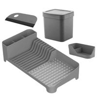 Kit Organizador de Pia Bancada Cozinha 4pcs Escorredor Louças Porta Detergente Lixeira e Rodinho Ou