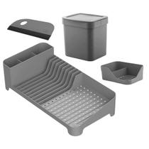 Kit Organizador de Pia Bancada Cozinha 4pcs Escorredor Louças Porta Detergente Lixeira e Rodinho Ou