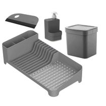 Kit Organizador de Pia Bancada Cozinha 4pcs Escorredor Louças Porta Detergente Lixeira e Rodinho Ou