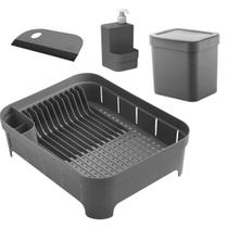 Kit Organizador de Pia Bancada Cozinha 4pcs Escorredor Louças Porta Detergente Lixeira e Rodinho Ou