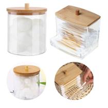 Kit Organizador Porta Algodão e Porta Cotonete Acrilico Tampa de Bambu Kit Organizador Porta Algodão e Porta Cotonete Acrilico Tampa de Bambu