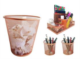 Kit Organizador, Porta Caneta e Lixeira Rose Gold Escritório