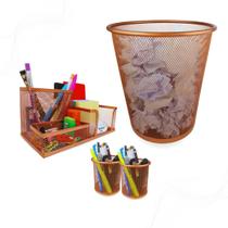 Kit Organizador, Porta Caneta e Lixeira Rose Gold Escritório