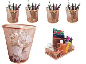 Kit Organizador, Porta Caneta E Lixeira Rose Gold Escritório