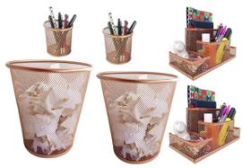 Kit Organizador, Porta Caneta E Lixeira Rose Gold Escritório