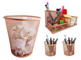 Kit Organizador, Porta Caneta E Lixeira Rose Gold Escritório