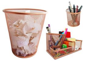 Kit Organizador, Porta Caneta E Lixeira Rose Gold Escritório