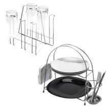 Kit Organizadores Cozinha Porta Copos e Porta Pratos Talheres e Guardanapos Cromados