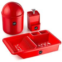 Kit Organizadores de Pia de Cozinha 3 Peças UZ Lixeira 4l Escorredor e Dispenser 500ml Plástico Vermelho