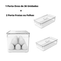 Kit Organizadores Geladeira - 2 Porta Frutas 2,8L + 1 Porta Ovos de 36 Unid. Tampa Empilhável - Martiplast