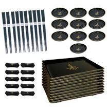 Kit Oriental Comida Japonesa 10 Pessoas Molheira Descanso Hashi Prato Preto Kit Oriental Comida Japonesa 10 Pessoas Molheira Descanso Hashi Prato Preto