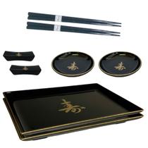 Kit Oriental Comida Japonesa 2 Pessoas Molheira Descanso Hashi Prato Preto