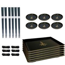 Kit Oriental Comida Japonesa 6 Pessoas Molheira Descanso Hashi Prato Preto