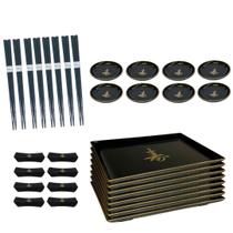 Kit Oriental Comida Japonesa 8 Pessoas Molheira Descanso Hashi Prato Preto