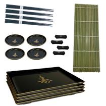 Kit Oriental Conjunto 4 Pessoas Comida Japonesa Hashi Shoyu Esteira Sushi