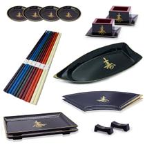 Kit Oriental Japonês Com Barca Sushi Ideograma Dourado