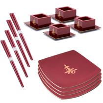Kit Oriental P/4 Pessoas Prato Copo Saque Hashi Cor Vermelha Kit Oriental P/4 Pessoas Prato Copo Saque Hashi Cor Vermelha