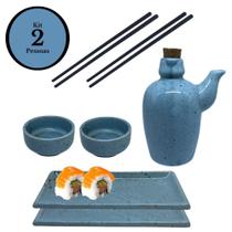 Kit Oriental Para 2 Pessoas Comida Japonesa Azul Mesclado 7 peças Molheira 60mL