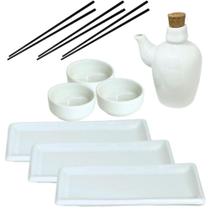 Kit Oriental Para 3 Pessoas Comida Japonesa Branco Porcelana 10 peças Molheira 60mL