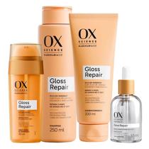 Kit Ox Science Mari Maria Hair Gloss Repair: Shampoo 250ml, Concicionador 200ml, Óleo Acetinado 55ml + Sérum duplo 30 ml Kit Ox Science Mari Maria Hair Gloss Repair: Shampoo 250ml, Concicionador 200ml, Óleo Acetinado 55ml + Sérum duplo 30 ml