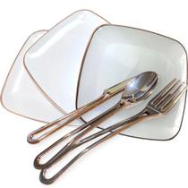 Kit p/ 6 pessoas Prato quadrado acrílico Rosê + Talheres