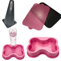 Kit p/ cachorro tapete sanitário + comedor/ bebedor rosa