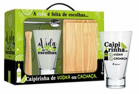 Kit P/ Caipirinha Caipiroska Copo Grande Caipira - C/ Tábua Colher Socador Madeira Vodka
