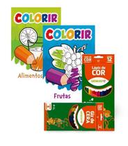 Kit p/ Colorir - 2 Livros Alimentos e Frutas + Giz de cera e Lápis de Cor