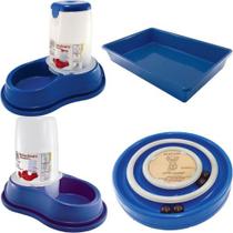 Kit p/ gato bandeja sanitária + comedor/ bebedor azul - BURDOG