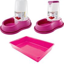 Kit p/ gato bandeja sanitária + comedor/ bebedor rosa