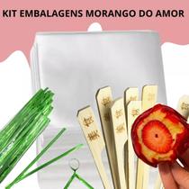 Kit p/ morango do amor para 100 unidades, espeto golf 12cm folha celofane 18x18cm fechos verdes