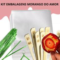 Kit p/ morango do amor para 100unidades, espeto golf 12cm + folha celofane 18x18cm + fechos verdes