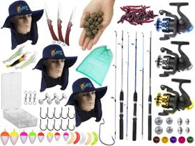 Kit P/ Pesca c/ 3 Varas Para Molinete 1,50m + 3 Molinetes + 3 Chapeu (Ref. 101)