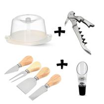 Kit p/Queijo e Vinho (1 queijeira c/tampa plástica, 1 conj.de utensílios p/queijo bambu, 1 saca rolhas e 1 bico dosador)