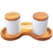 Kit p/ temperos - condimentos 3 Pçs Sal e Açucar- Porcelana c/ Madeira Teca