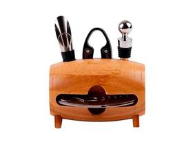 Kit P Vinhos 4 Peças Saca-Rolhas Bico Dosador Tampa Corta Lacre Suporte e Formato de Barril Uny Home