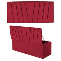 Kit Painel Cabeceira Estofada e Calçadeira Baú Recamier Bélgica 140cm Casal Padrão Sintético Vermelho - Ahazzo Móveis