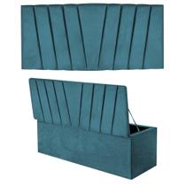 Kit Painel Cabeceira Estofada e Calçadeira Baú Recamier Bélgica 160cm Queen Size Suede Azul Turquesa - Ahz Móveis