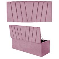 Kit Painel Cabeceira Estofada e Calçadeira Baú Recamier Bélgica 195cm King Size Suede Rosa Bebê - Ahazzo Móveis